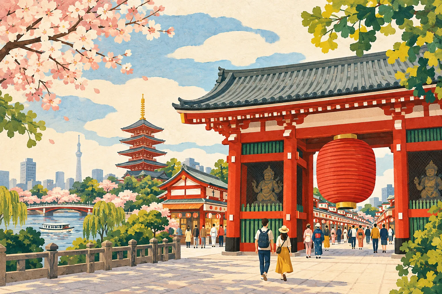 Illustrated red temple gateway and shopping street inspired by Asakusa