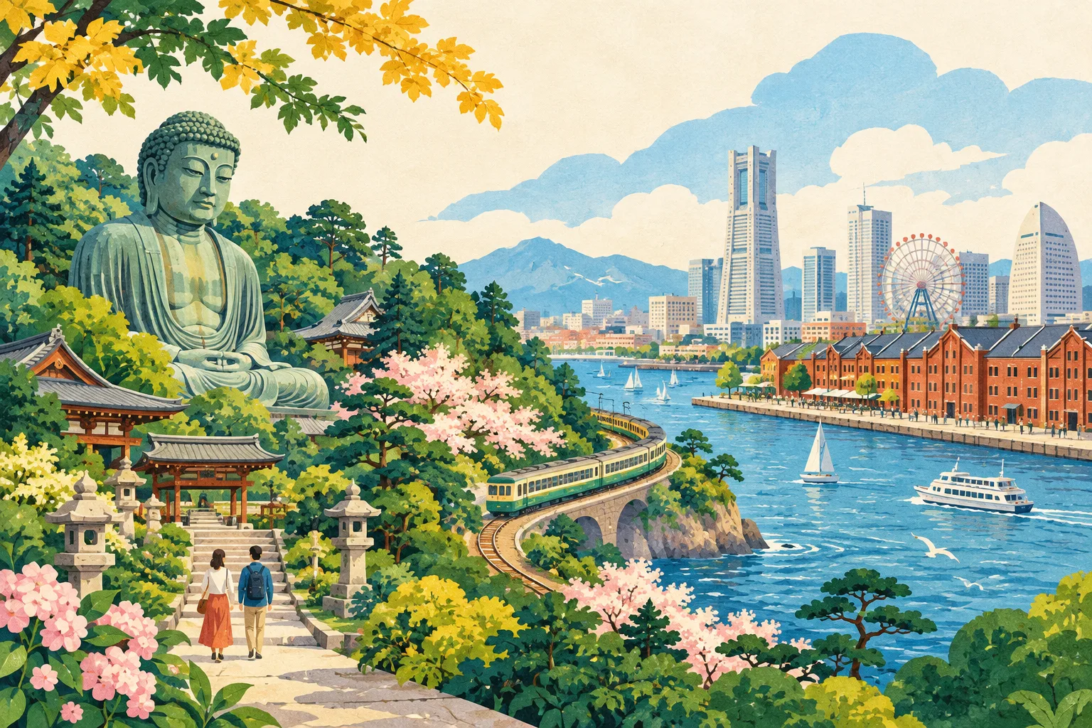Illustrated temple gardens and waterfront reflecting the places covered by Japan at Ease