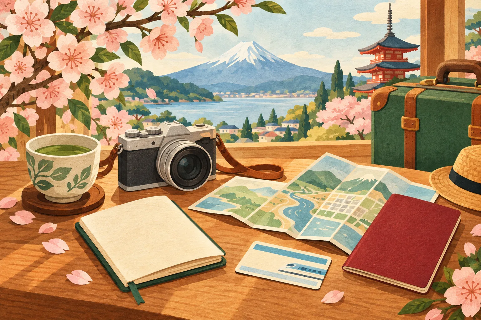 A colorful illustrated travel notebook and travel essentials