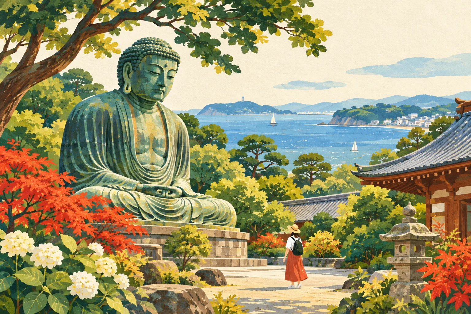 Illustrated temple garden, seated Buddha and a blue coastline inspired by Kamakura