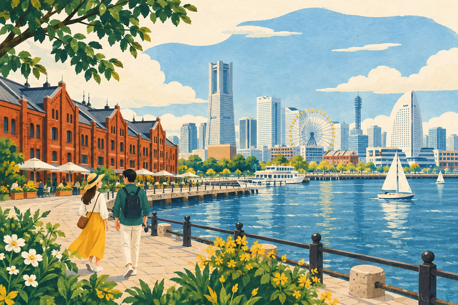 Illustrated red brick waterfront and city skyline inspired by Yokohama
